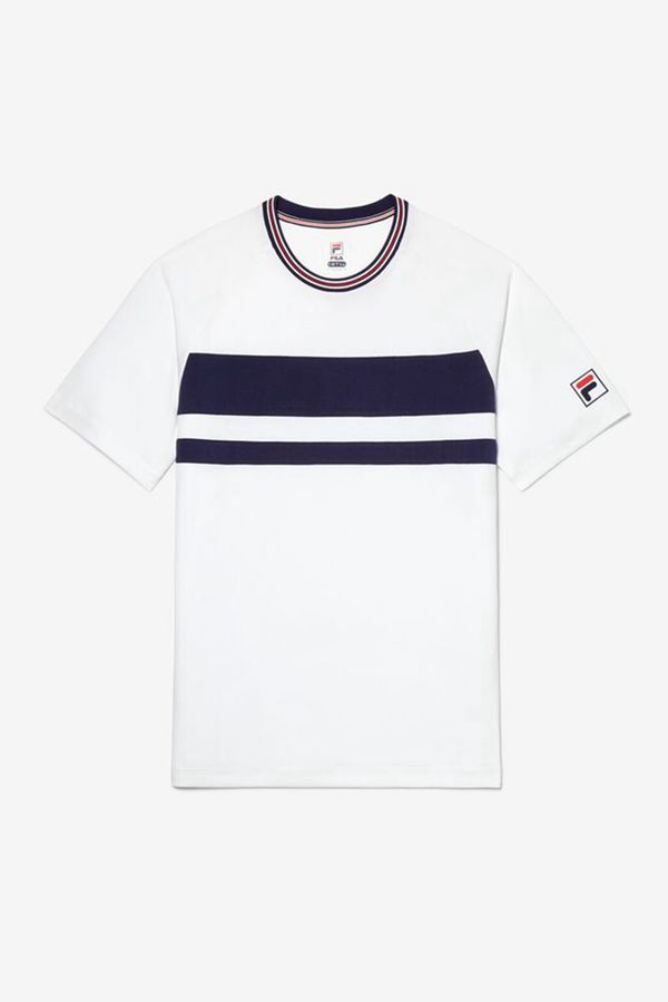Camisetas Fila Homem Branco - Fila Double Stripe Sleeve Tennis Portugal Lojas,CFMB-39845
